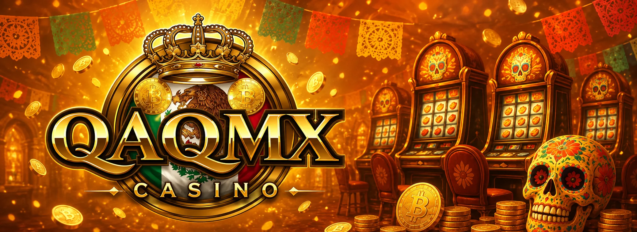 Banner de QAQMX Casino con el bono de bienvenida de 200% y 100 giros gratis sobre una sala de casino de Día de Muertos